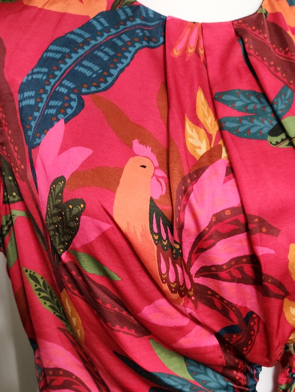 FARM Rio Red Rooster Leaves Cut Out Satin Dress Long Sleeve Mini Size L - Picture 8 of 17